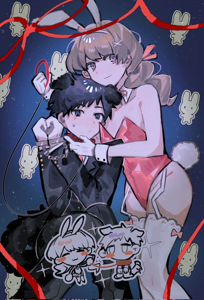 1boy, 1girl, akasasachii, animal_ear_hairband, animal_ears, bare_shoulders, black_coat, black_eyes, black_hair, black_pants, blue_background, bow, bow_legwear, brown_eyes, brown_hair, chibi, chibi_inset, closed_mouth, coat, collarbone, commentary, cuffs, detached_collar, dog_ears, dog_tail, fake_animal_ears, fear_&amp;_hunger, fear_&amp;_hunger_(series), fear_&amp;_hunger_2:_termina, feet_out_of_frame, femdom, flat_chest, garter_straps, hair_ornament, hair_ribbon, hairband, handcuffs, heart, heart_hands, highres, lace, lace-trimmed_thighhighs, lace_trim, leotard, levi_(fear_&amp;_hunger), long_hair, long_sleeves, looking_at_viewer, marina_(fear_&amp;_hunger), oversized_breast_cup, pants, pink_leotard, playboy_bunny, rabbit_background, rabbit_ears, rabbit_tail, red_bow, red_ribbon, ribbon, short_hair, sitting, smile, sparkle, standing, sweatdrop, untranslatable_commentary, tail, thighhighs, thighs, white_thighhighs, white_wrist_cuffs, wrist_cuffs, x_hair_ornament