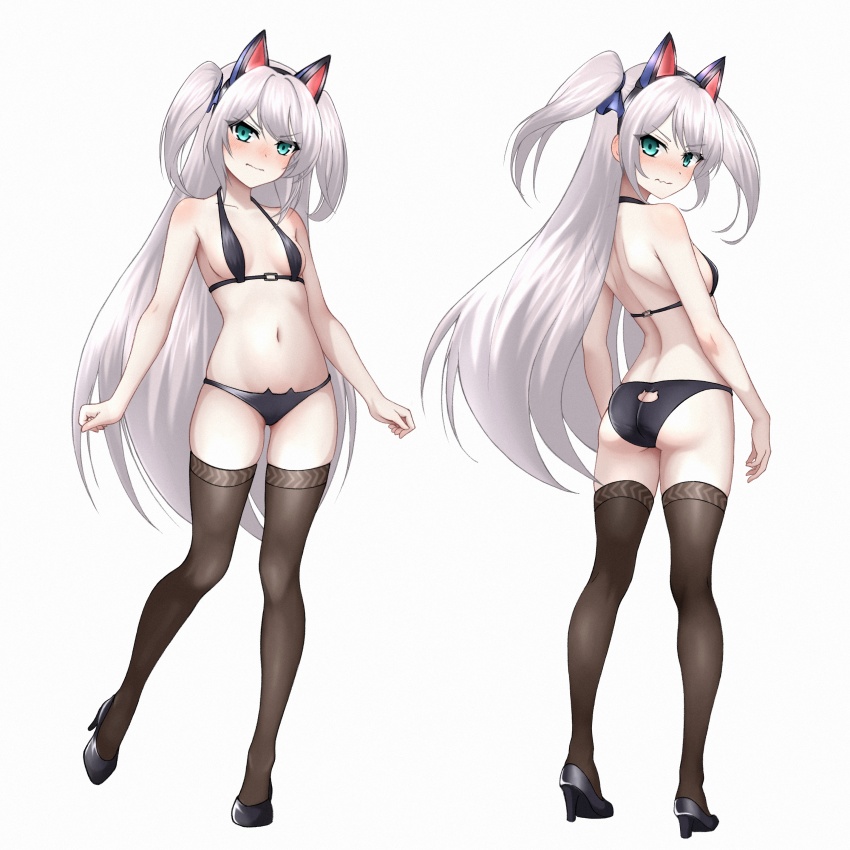 1girl, absurdres, animal_ears, ass, axelsworks, azur_lane, bare_back, black_footwear, black_thighhighs, blush, breasts, cat_ears, fake_animal_ears, full_body, gluteal_fold, green_eyes, grey_hair, hammann_(azur_lane), hammann_ii_(azur_lane), high_heels, highres, long_hair, looking_at_viewer, multiple_views, navel, small_breasts, standing, stomach, thighhighs, two_side_up, white_hair