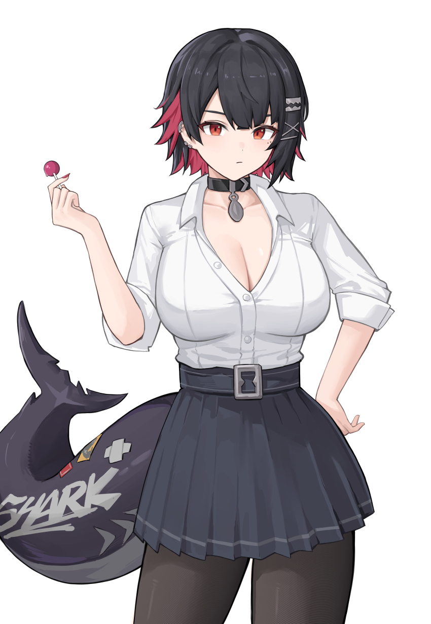 1girl, absurdres, black_choker, black_hair, black_pantyhose, black_skirt, breasts, candy