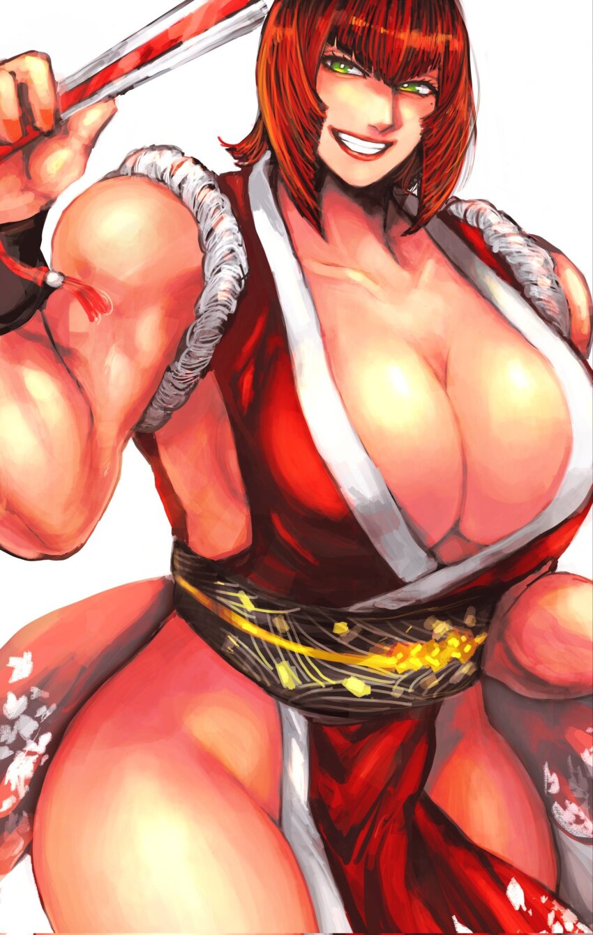1girl, breasts, cleavage, cosplay, crossover, female_focus, folding_fan, green_eyes, grin, hand_fan, highres, holding, holding_fan, huge_breasts, looking_at_viewer, marisa_(street_fighter), muscular, muscular_female, ninja, pelvic_curtain, red_hair, shiranui_mai, shiranui_mai_(cosplay), short_hair, side_slit, smile, solo, street_fighter, street_fighter_6, zuman_(zmnjo1440)