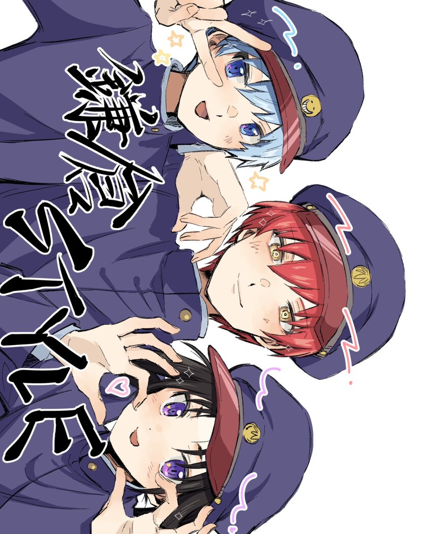 3boys, akabane_karma, ansatsu_kyoushitsu, blue_eyes, blue_hair, blush, creator_connection, crossover
