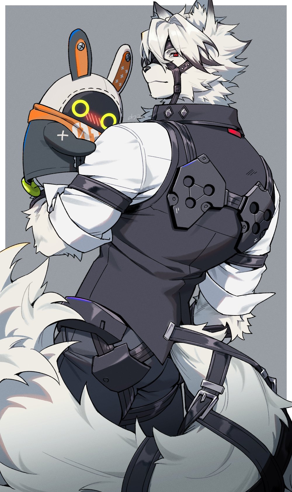 amagosi, animal_ears, arm_belt, bandana, bangboo_(zenless_zone_zero), black_vest, blush, body_fur