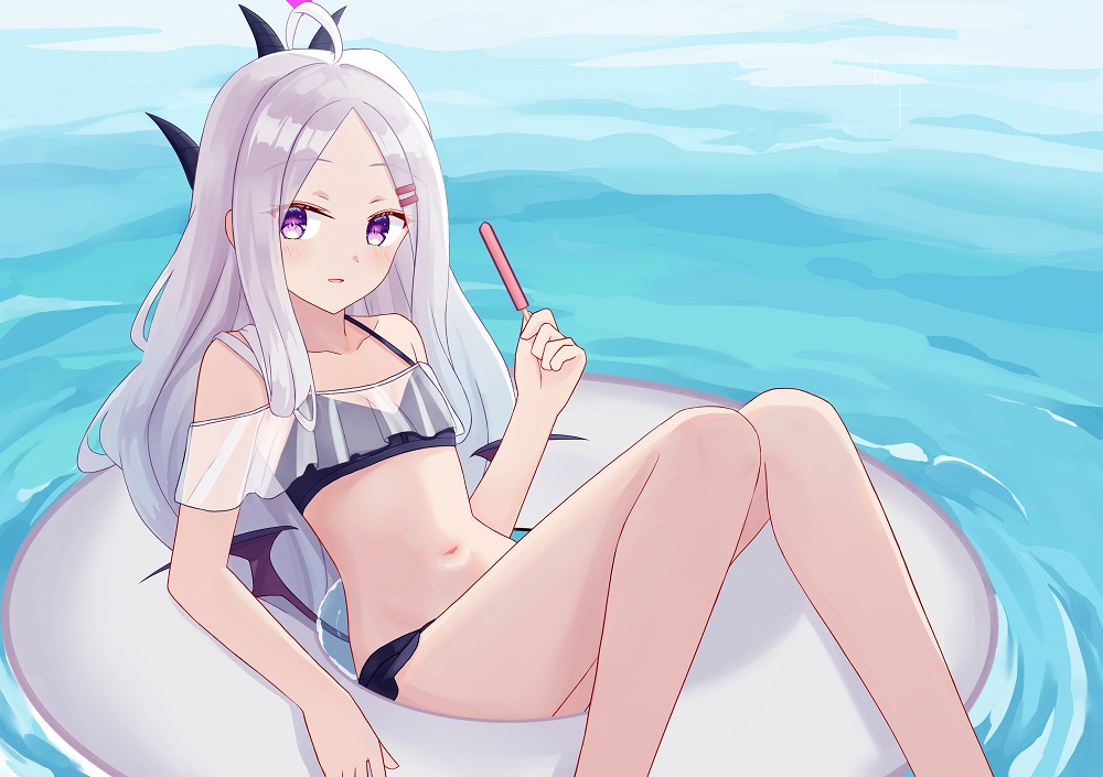 1girl, ahoge, akaya_(pixiv20545353), bare_legs, bare_shoulders, bikini, black_bikini, blue_archive