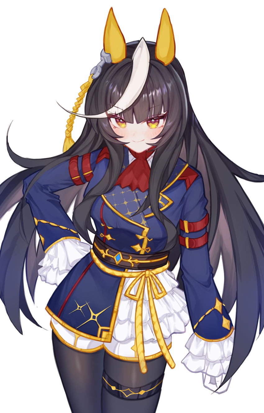 1girl, absurdres, ahoge, animal_ears, b2w, belt, black_hair, breasts