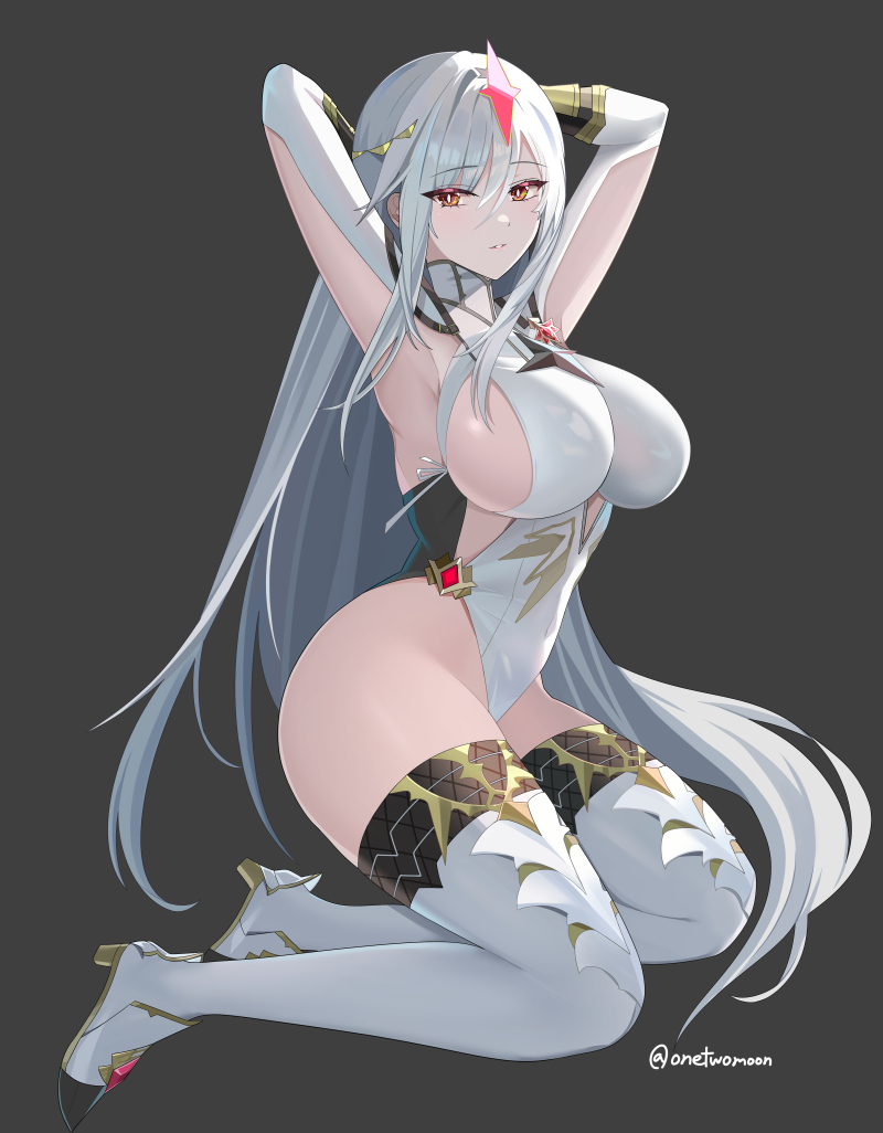 1girl, armpits, arms_behind_head, artist_name, black_leotard, black_thighhighs, boots, breasts, bright_pupils, brooch, epic_seven, fishnet_thighhighs, fishnets, floating_hair, full_body, gold_trim, grey_background, grin, hair_between_eyes, hair_intakes, high_heel_boots, high_heels, impossible_clothes, impossible_leotard, jewelry, large_breasts, leotard, long_hair, long_sleeves, looking_at_viewer, luna_(epic_seven), multicolored_leotard, new_moon_luna, orange_eyes, sideboob, sidelocks, simple_background, sitting, sleeve_cuffs, slit_pupils, smile, sparkle_hair_ornament, teeth, thigh_boots, thighhighs, thong_leotard, tsurime, two-tone_leotard, twomoon, very_long_hair, white_footwear, white_hair, white_leotard, white_pupils, yokozuwari