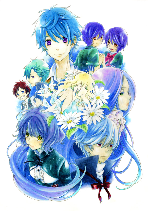 3girls, 6+boys, bad_id, bad_pixiv_id, barefoot, blonde_hair, blue_hair, daisy_(flower), flower, izumi_(rleg), long_hair, multiple_boys, multiple_girls, orange_eyes, original, purple_eyes, red_eyes, short_hair, siblings, smile, twins, yellow_eyes