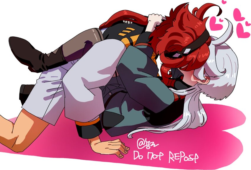 2girls, arms_around_neck, artist_name, asticassia_school_uniform, black_footwear, black_hairband, black_pantyhose, blush, commentary_request, ear_blush, green_jacket, gundam, gundam_suisei_no_majo, hairband, heart, highres, jacket, korean_commentary, leg_lock, long_hair, long_sleeves, miorine_rembran, multiple_girls, nyong-choi, pantyhose, ponytail, red_hair, school_uniform, shorts, simple_background, suletta_mercury, white_background, white_hair, white_jacket, white_shorts, yuri