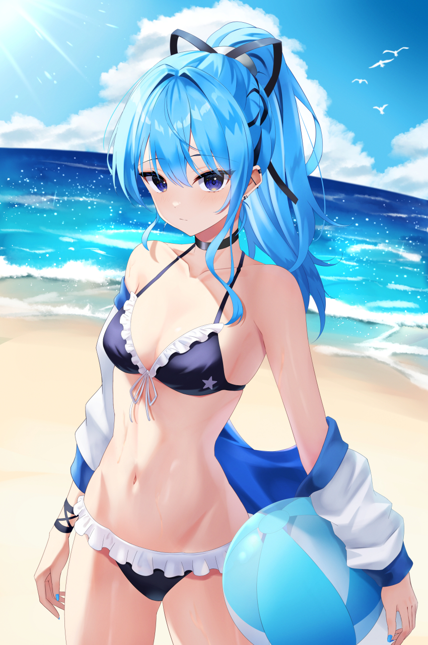 1girl, absurdres, alternate_costume, ball, beach, beachball, bikini, black_bikini