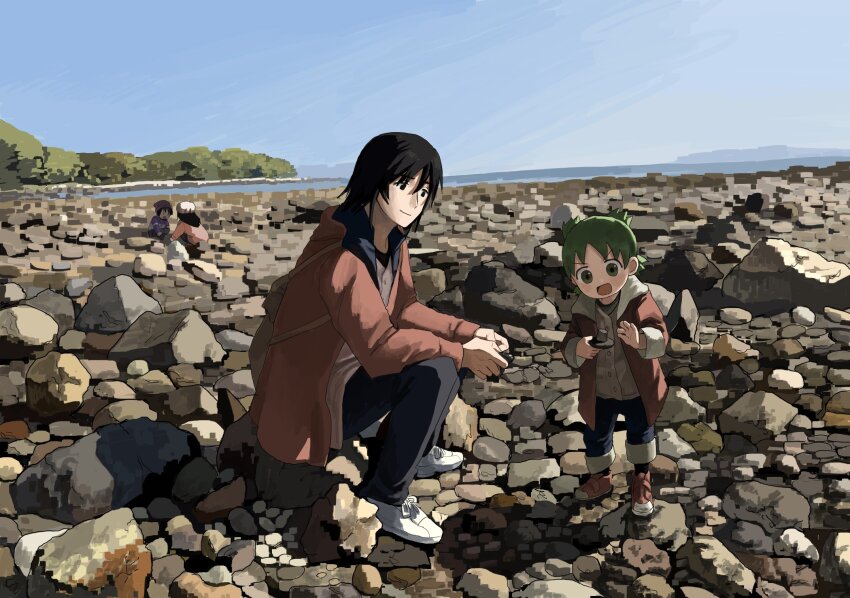 black_eyes, black_hair, father_and_child, father_and_daughter, green_eyes, green_hair, hair_between_eyes, highres