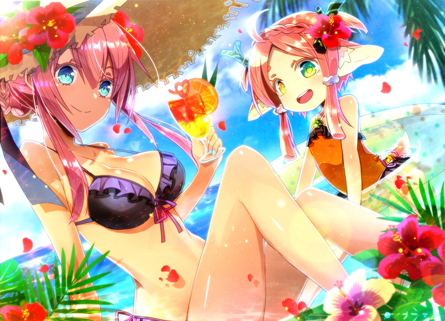 2girls, :d, ahoge, animal_ears, bare_legs, beach, bikini, black_bikini