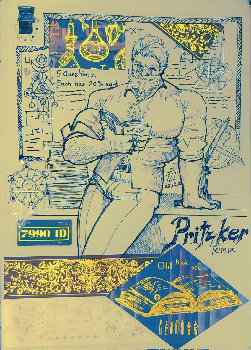 1boy, bara, beard, blue_theme, chest_hair_peek, chest_tuft, cowboy_shot, dislyte