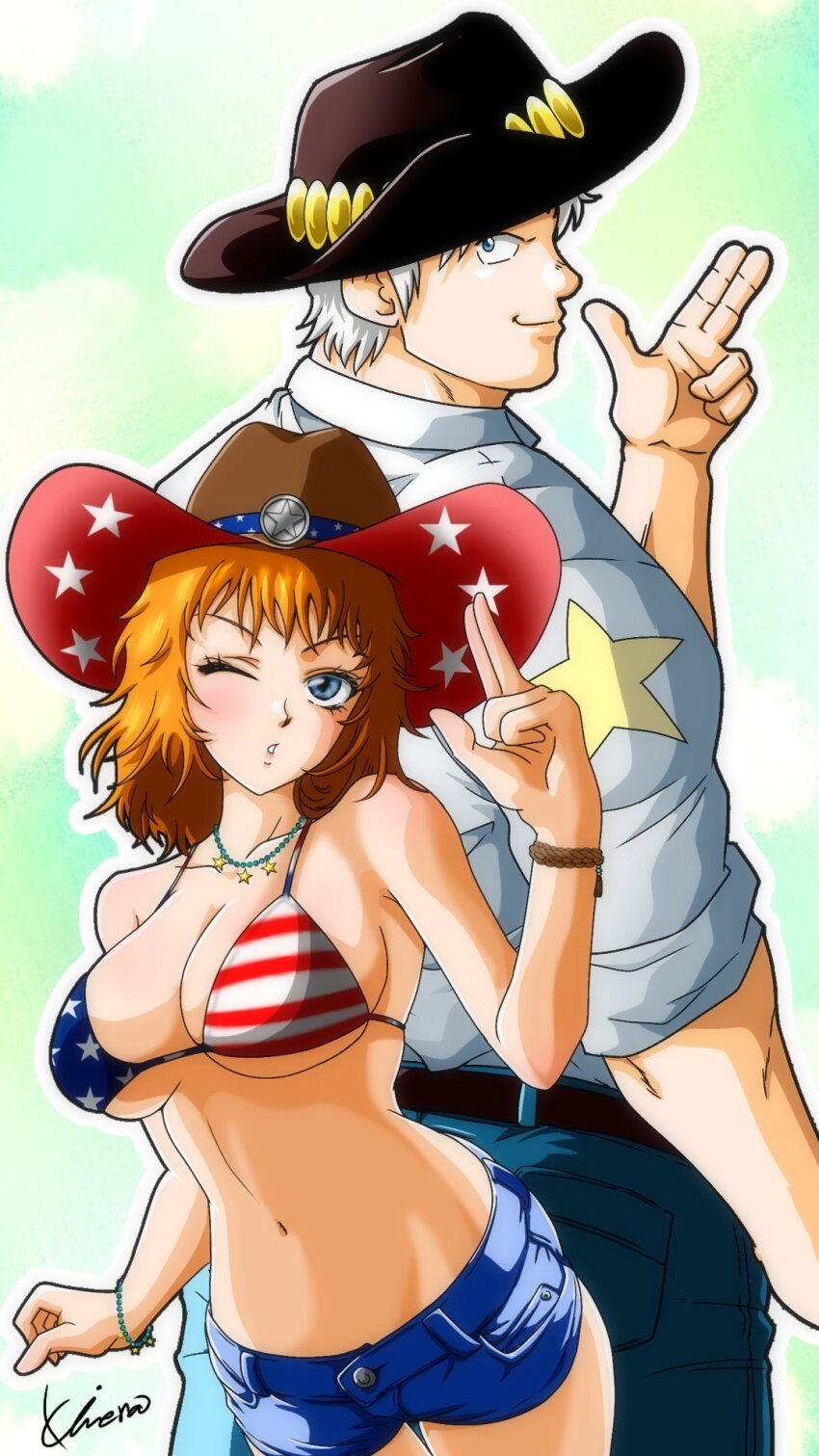 1boy, 1girl, american_flag, american_flag_bikini, american_flag_print, aqua_eyes, artist_request, ball, bare_shoulders, bikini, bikini_bottom_only, blue_sky, breasts, cleavage, cowboy_hat, denim, denim_shorts, flag_print, flag_print_bikini, happy, hat, highres, kinnikuman, large_breasts, lips, long_hair, one_eye_closed, open_mouth, orange_hair, pants, print_bikini, salute, shiny_skin, short_hair, shorts, shouno_natsuko, size_difference, sky, standing, swimsuit, terryman, v, waving, white_hair, wide_hips, wink