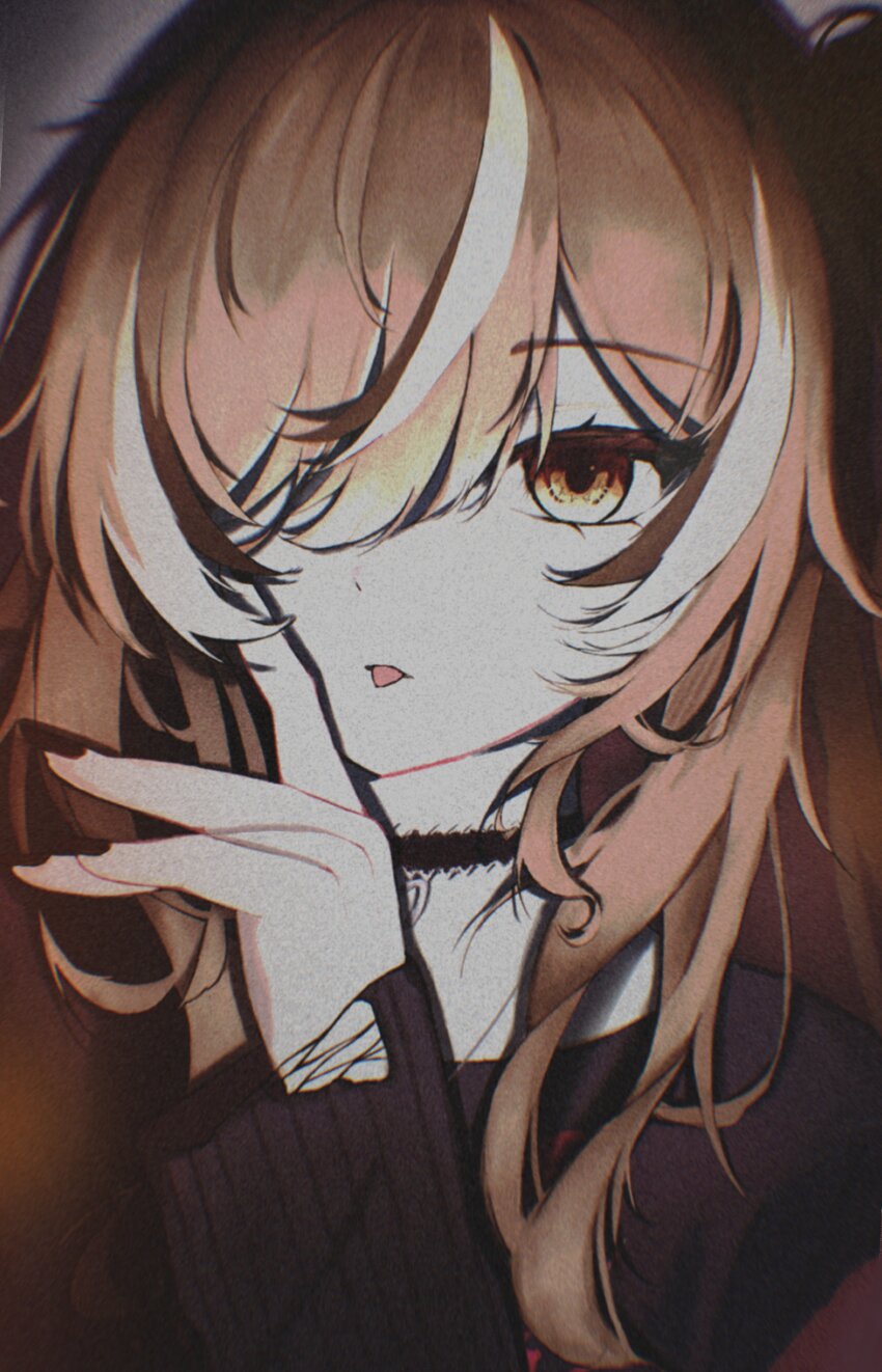 1girl, absurdres, black_choker, black_nails, black_sweater, brown_eyes, brown_hair, choker