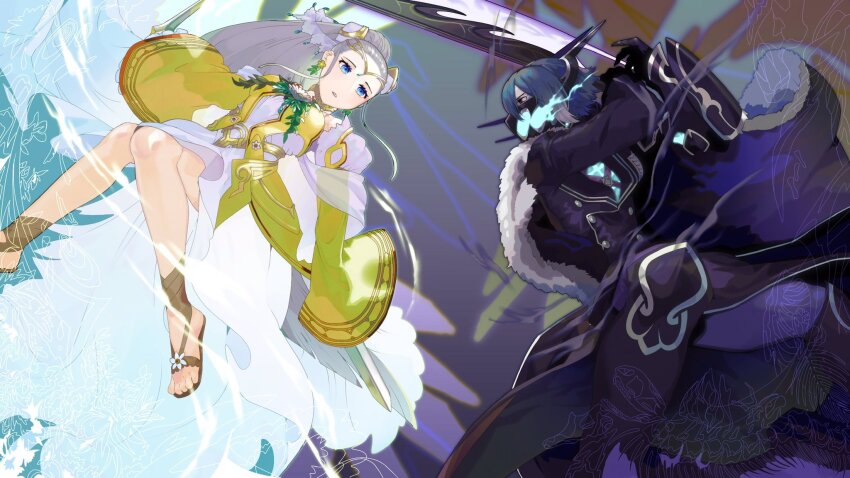 battle, blue_eyes, blue_hair, cape, dress, earrings, eir_(fire_emblem), eir_(life_ascendant)_(fire_emblem)