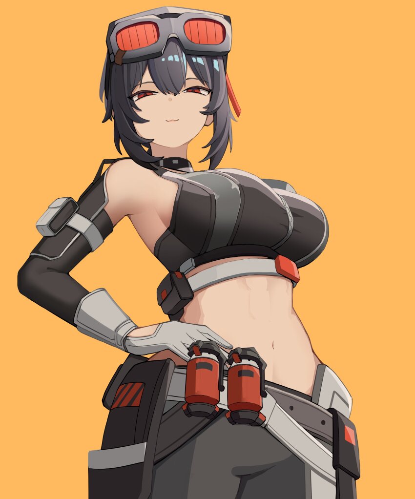 1girl, absurdres, bare_shoulders, belt, black_hair, black_pants, cowboy_shot, crop_top