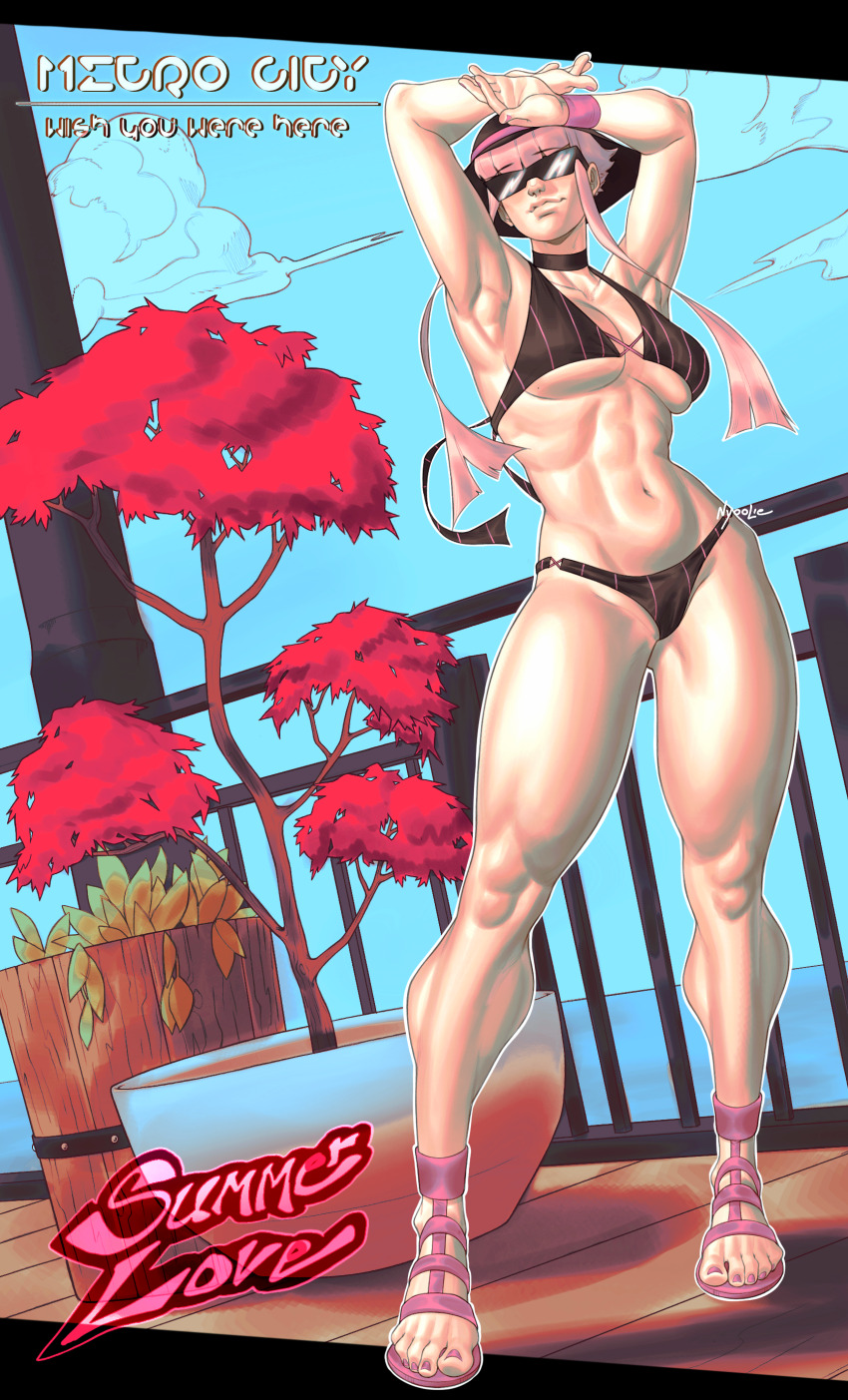 1girl, absurdres, armpits, arms_up, artist_name, bikini, black_bikini, black_choker, blue_sky, breasts, choker, dutch_angle, english_text, highres, manon_legrand, nail_polish, navel, nyoolie, pink_hair, pink_nails, plant, potted_plant, shiny_skin, sidelocks, sky, solo, standing, street_fighter, street_fighter_6, summer, sunglasses, swimsuit, toenail_polish, toenails, toes, toned, toned_female