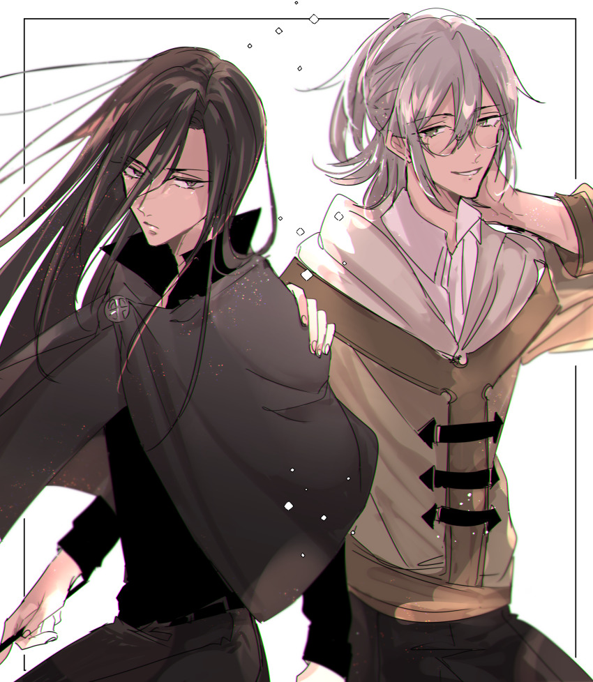 2boys, absurdres, black_hair, black_pants, brown_capelet, brown_eyes, capelet, glasses, grey_hair, hand_on_another's_shoulder, hand_up, highres, long_hair, long_sleeves, multiple_boys, pants, serfence_edward, tsue_to_tsurugi_no_wistoria, wand, white_background, workner_norgram, yaoi, zakura_monpe
