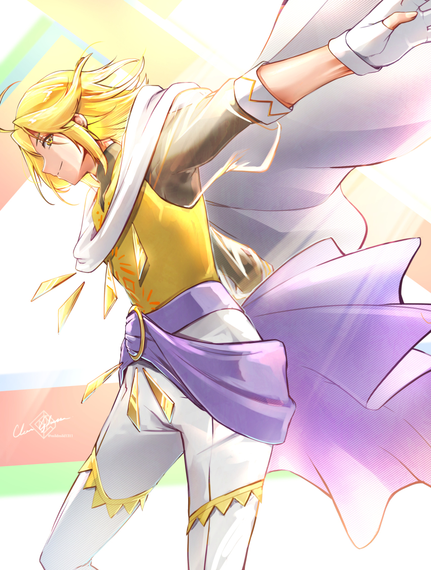 1boy, ahoge, artist_name, blonde_hair, cape, clear_glass_(mildmild1311), commentary_request, cure_soul