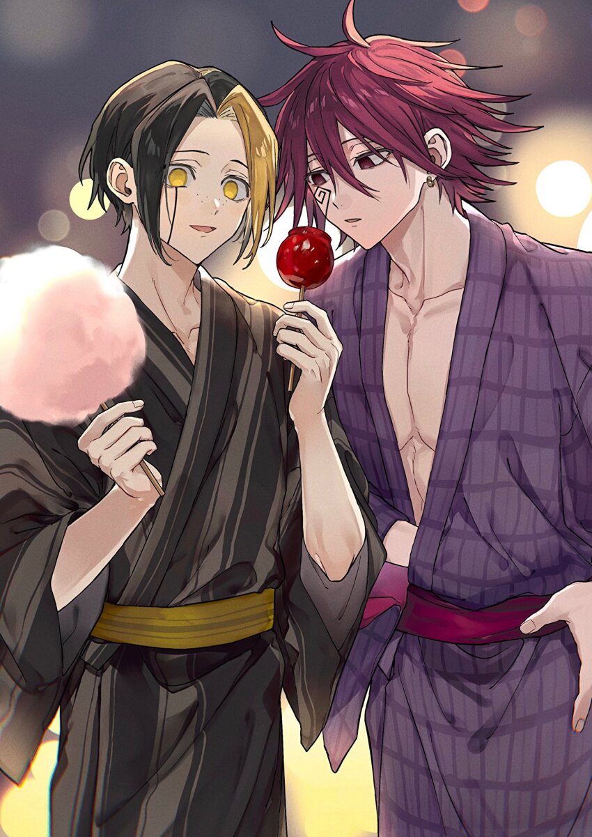 2boys, black_hair, candy_apple, carpaccio_luo-yang, cotton_candy, earrings, facial_mark, finn_ames