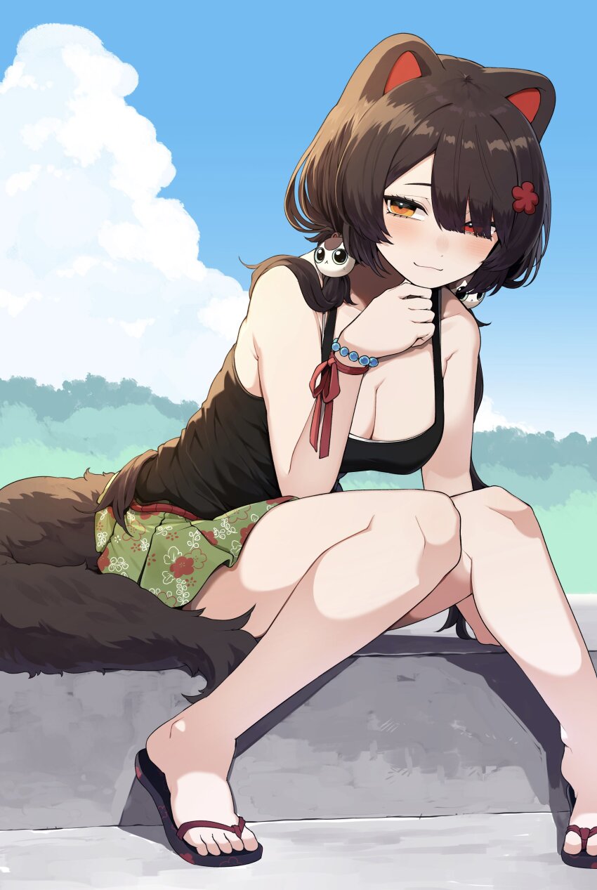 1girl, :3, absurdres, animal_ears, animal_hair_ornament, arm_support, armpit_crease, bare_arms, bare_legs, bare_shoulders, bead_bracelet, beads, belt, black_sandals, black_tank_top, blue_sky, blunt_bangs, blush, bracelet, breasts, brown_hair, cleavage, day, dog_ears, dog_girl, dog_tail, elbow_rest, flip-flops, floral_print, flower, full_body, green_skirt, hair_flower, hair_ornament, hair_over_one_eye, hair_over_shoulder, half-closed_eyes, hand_on_own_chin, hanging_breasts, hatyuuruinohito, heterochromia, highres, inui_toko, inui_toko_(summer_casual), jewelry, knees_together_feet_apart, large_breasts, leaning_forward, long_hair, looking_at_viewer, low_twintails, miniskirt, nijisanji, outdoors, pigeon-toed, pleated_skirt, red_belt, red_eyes, red_ribbon, ribbon, rope_belt, sandals, sitting, skirt, sky, smile, solo, sunlight, swept_bangs, tail, tank_top, twintails, very_long_hair, virtual_youtuber, wrist_ribbon, yellow_eyes
