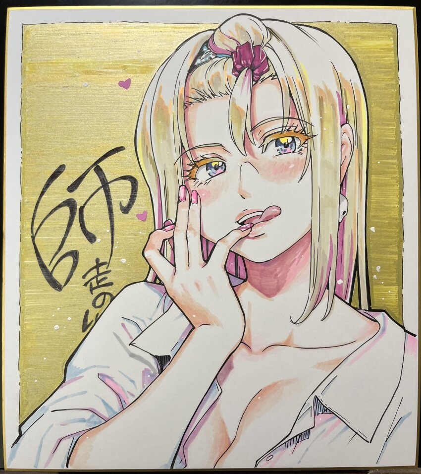 blonde_hair, blue_bra, blue_eyes, blush, bra, breasts, cleavage, commentary_request