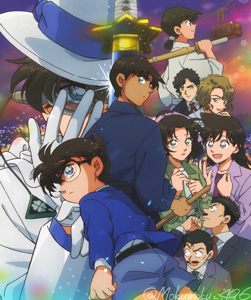 3girls, 6+boys, aqua_eyes, black_hair, blazer, blonde_hair, blue_eyes, blue_jacket, blue_shorts, bow, brown_hair, city_lights, commentary_request, curly_hair, dark-skinned_male, dark_skin, edogawa_conan, everyone, facial_hair, floating_clothes, formal_clothes, glasses, gloves, green_eyes, green_jacket, hair_bow, hair_slicked_back, hand_on_own_face, hat, hattori_heiji, highres, iori_muga, jacket, japanese_clothes, kaitou_kid, katana, long_hair, long_sleeves, looking_at_another, looking_at_viewer, looking_back, looking_to_the_side, low-tied_medium_hair, magic_kaito, meitantei_conan, monocle, monocle_chain, mouri_kogoro, mouri_ran, multiple_boys, multiple_girls, mustache, myab5555, nakamori_ginzo, necktie, okita_soushi_(meitantei_conan), oooka_momiji, parted_bangs, pink_bow, purple_eyes, purple_jacket, red_necktie, short_hair, shorts, suit, sweatdrop, sword, tooyama_kazuha, top_hat, twitter_username, very_long_hair, weapon, white_gloves, white_suit, wide-eyed