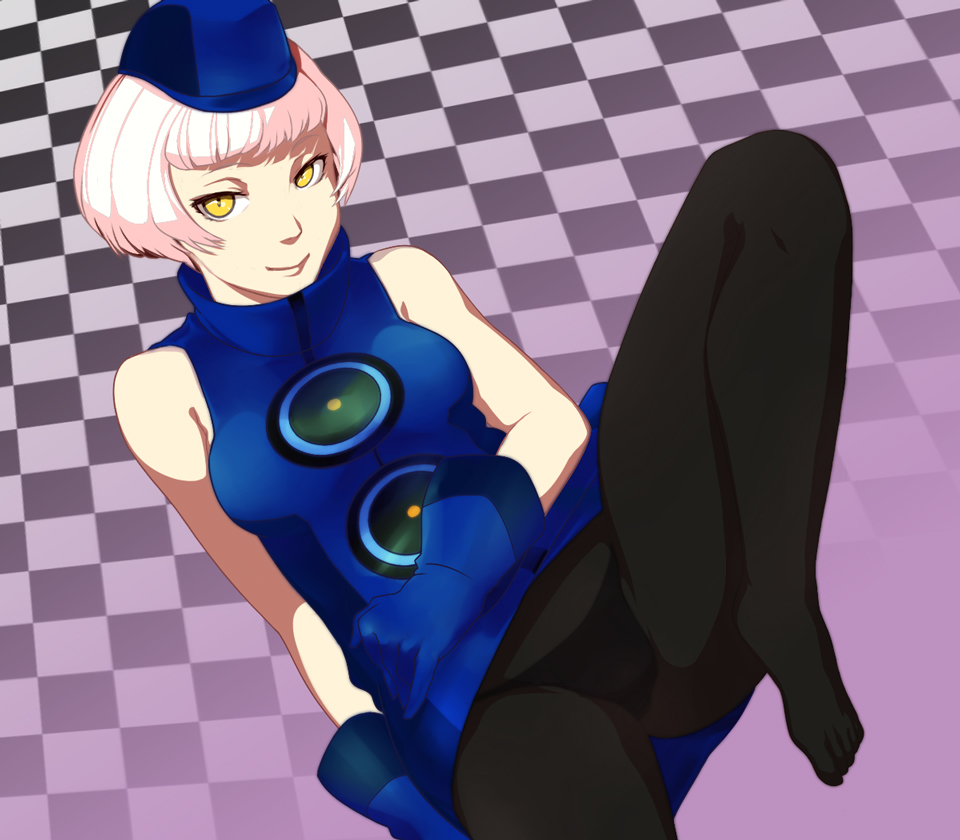 1girl, atlus, bad_id, bad_pixiv_id, black_panties, black_pantyhose, breasts, elizabeth_(persona), feet, female_focus, gloves, hat, leg_lift, panties, panties_under_pantyhose, pantyhose, persona, persona_3, pink_hair, short_hair, smirk, solo, ultra00, underwear, yellow_eyes