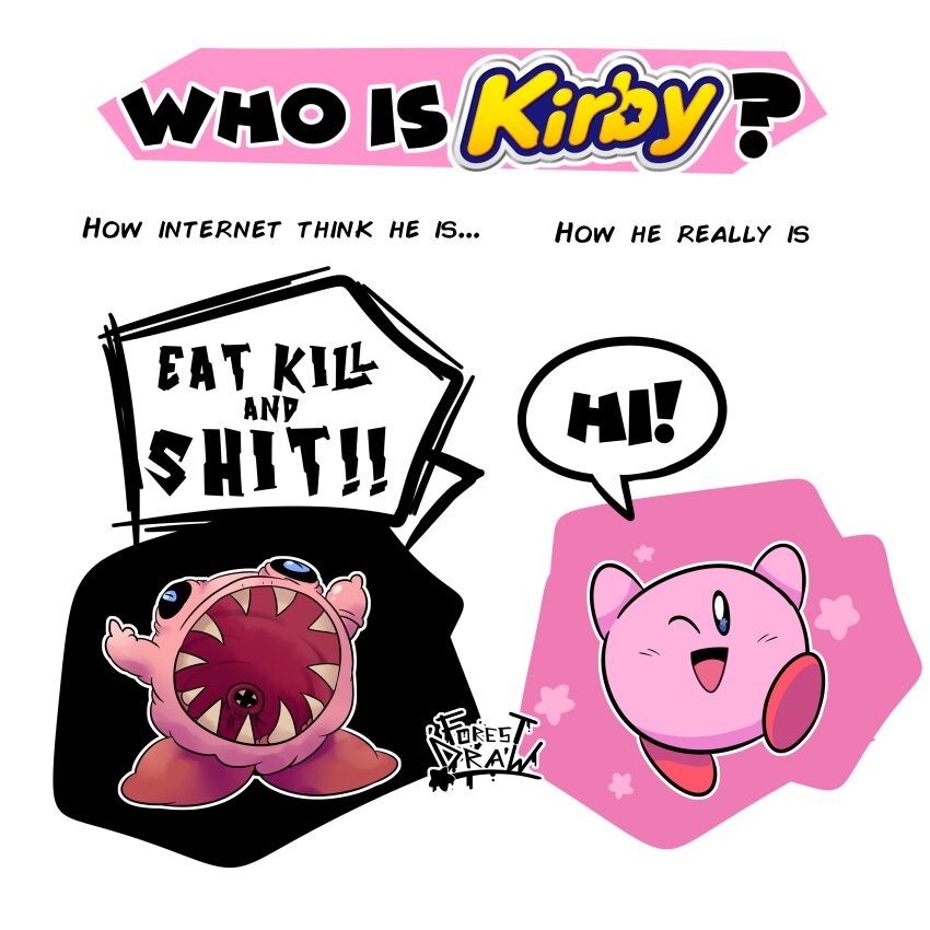 absurdres, artist_logo, black_sclera, colored_sclera, colored_skin, english_text, expectation_vs._reality, fangs, highres, kirby, kirby_(series), logo, middle_finger, nintendo, no_humans, one_eye_closed, open_mouth, outline, pink_skin, profanity, smile, star_(symbol), uncle_forest, white_background, white_outline