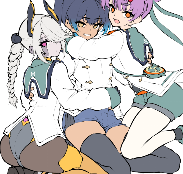 3girls, ass, blue_hair, braid, breasts, brown_eyes, fiery_hair, fiona_(xenoblade)