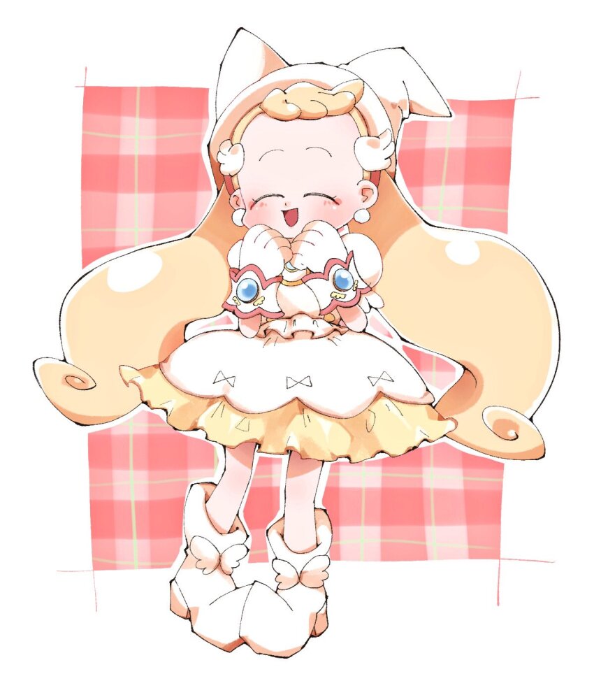 1girl, blonde_hair, blush, child, closed_eyes, dress, earrings, forehead