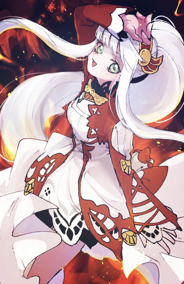 1girl, arm_up, breasts, cowboy_shot, dress, fiery_background, fire, from_above