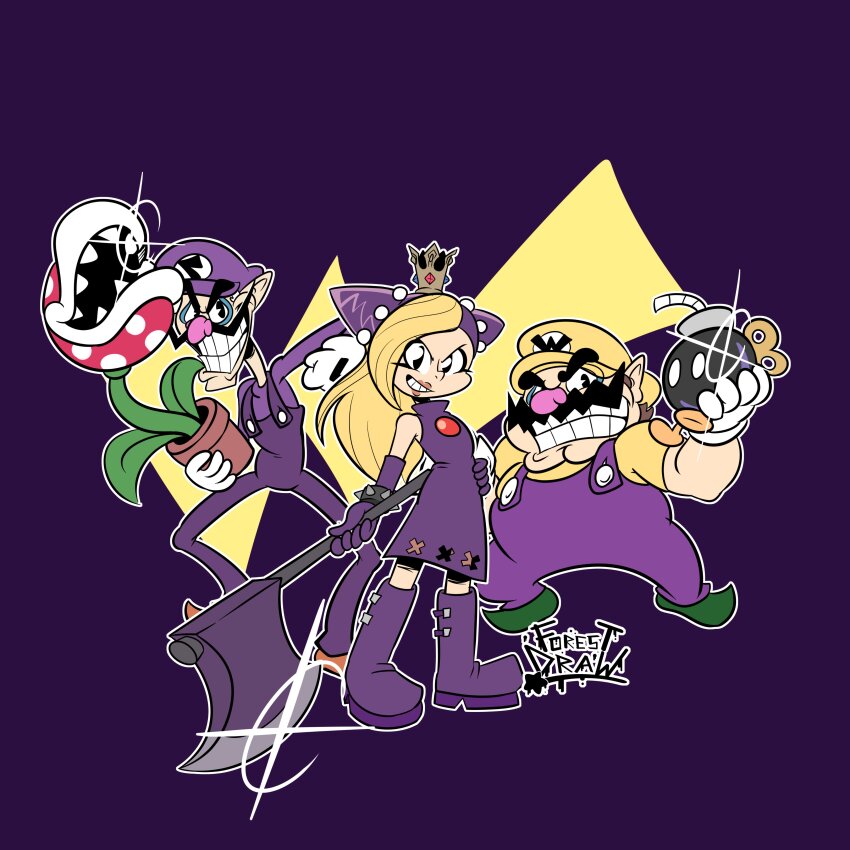 1girl, 2boys, absurdres, artist_logo, axe, blonde_hair, bob-omb, boots