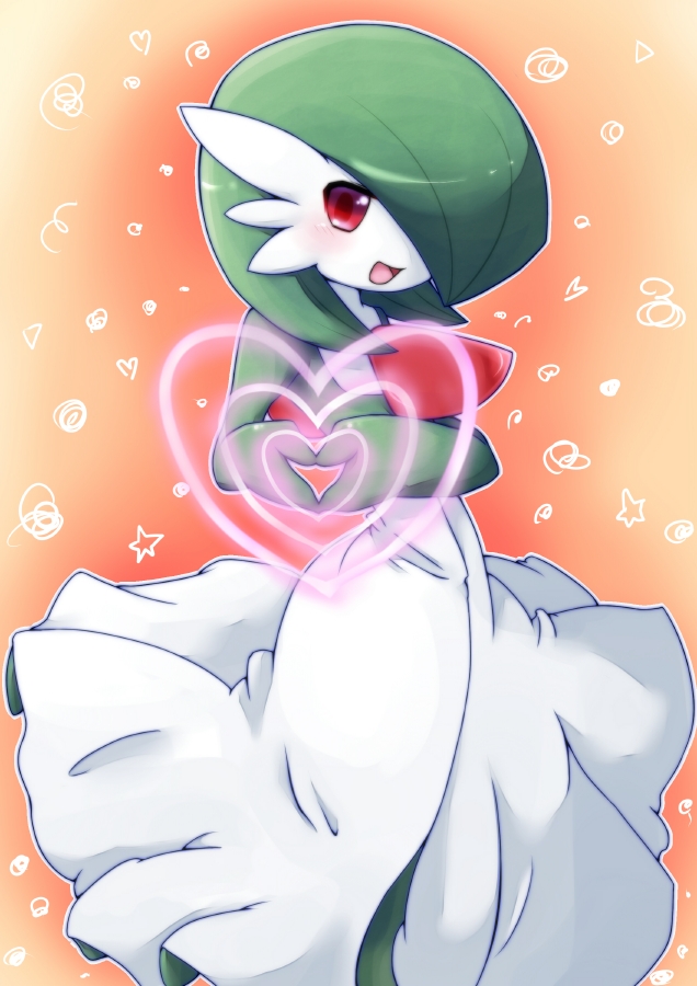 blush, bob_cut, colored_skin, dress, gardevoir, gen_3_pokemon, green_hair, green_skin, heal_pulse_(pokemon), heart, heart_hands, looking_at_viewer, multicolored_skin, nintendo, open_mouth, orange_background, pink_eyes, pokemon, pokemon_(creature), smile, two-tone_skin, white_dress, white_skin, yu_yun