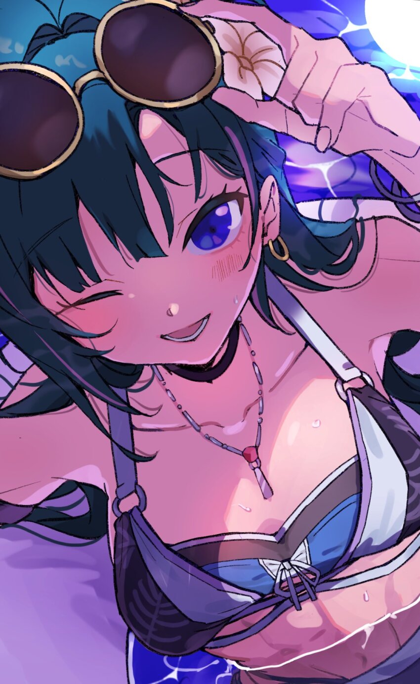 1girl, abs, adjusting_eyewear, earrings, eyewear_on_head, foreshortening, from_above, highres