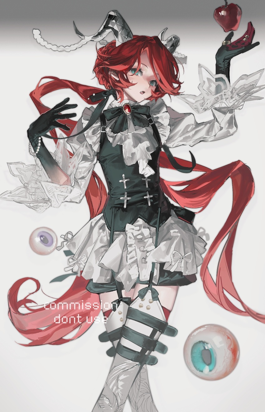 1girl, :o, ankle_boots, apple, arm_up, black_hands, black_ribbon, boots