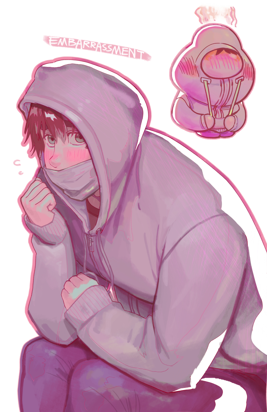 1boy, absurdres, blue_pants, blush, brown_hair, character_name, colored_skin, embarrassment_(inside_out)