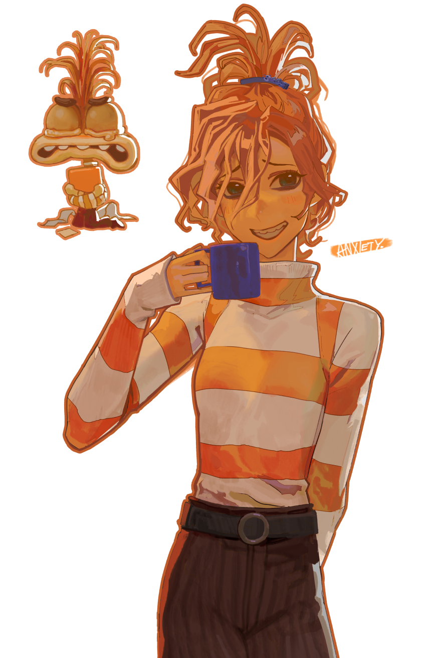 1girl, absurdres, anxiety_(inside_out_2), brown_pants, character_name, coffee_mug, colored_skin, cup