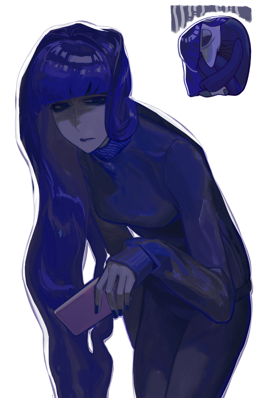 1girl, absurdres, black_eyes, blunt_bangs, cellphone, closed_mouth, colored_skin, ennui_(inside_out_2), highres, inside_out, inside_out_2, long_hair, looking_at_viewer, pants, phone, purple_hair, purple_nails, purple_pants, purple_skin, purple_sweater, qianyu_rainz, simple_background, smartphone, sweater, turtleneck, turtleneck_sweater, white_background