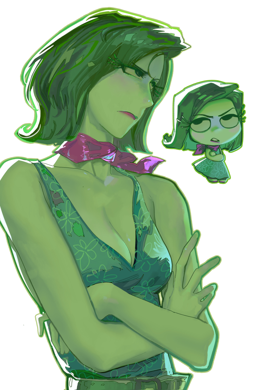 1girl, absurdres, bandana, breasts, cleavage, colored_sclera, colored_skin, disgust_(inside_out)
