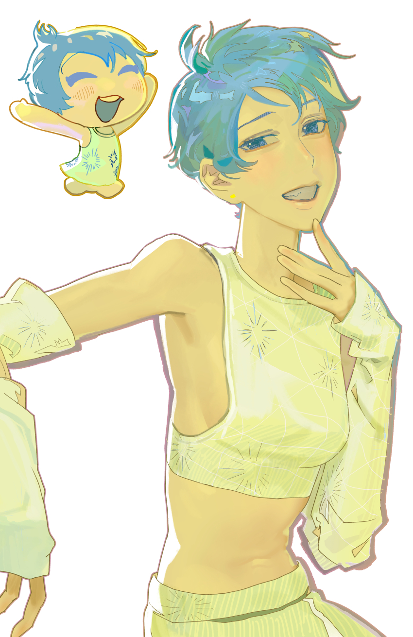 1girl, absurdres, blue_eyes, blue_hair, breasts, colored_skin, crop_top, detached_sleeves