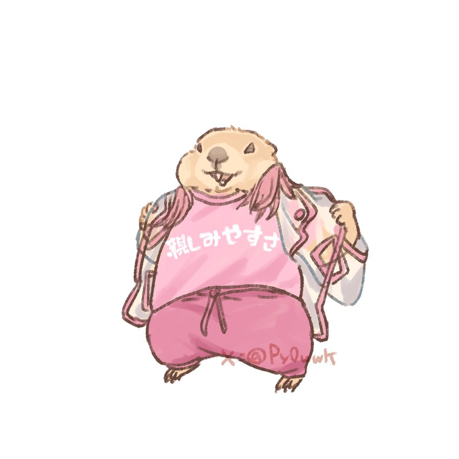 animal_focus, cosplay, full_body, himuro_gentoku, himuro_gentoku_(cosplay), jacket, kamen_rider, kamen_rider_build_(series), open_clothes, open_jacket, pants, pink_pants, pink_shirt, prairie_dog, print_shirt, py0wwk, see-through_clothes, see-through_jacket, shirt, simple_background, solo, clothes_writing, translation_request, white_background