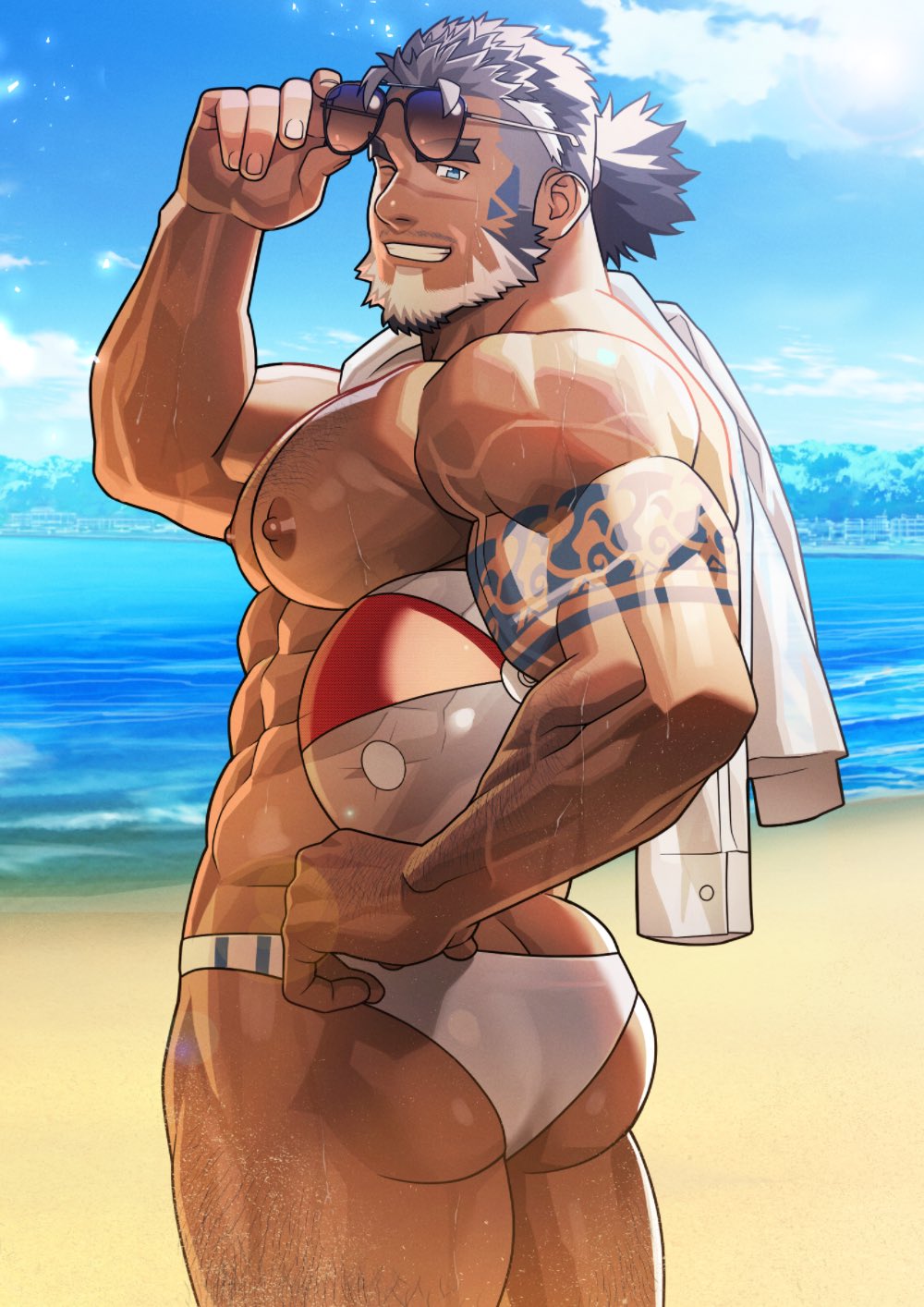 1boy, abs, arm_hair, arm_tattoo, ball, bara, beach, beachball, beard, blue_eyes, butt_crack, chest_hair, clothes_over_shoulder, cloud, cowboy_shot, facial_hair, forked_eyebrows, from_behind, full_beard, grey_hair, hand_on_own_hip, highres, holding, holding_ball, indie_virtual_youtuber, kaito_navigator, large_pectorals, leg_hair, looking_at_viewer, looking_back, male_focus, male_underwear, mature_male, multicolored_hair, muscular, muscular_male, mustache_stubble, nipples, one_eye_closed, pectorals, ponytail, removing_eyewear, scar, scar_on_face, scar_on_nose, second-party_source, shirt, sky, solo, streaked_hair, stubble, tattoo, thick_eyebrows, topless_male, two-tone_beard, underwear, veins, veiny_arms, virtual_youtuber, wasp_(anthyutena), wet, white_hair, white_male_underwear, white_shirt