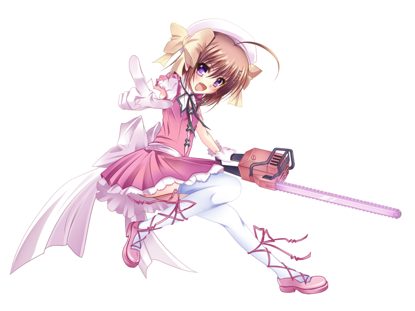 10s, 1girl, absurdres, bad_id, bad_pixiv_id, bow, brown_hair, chainsaw
