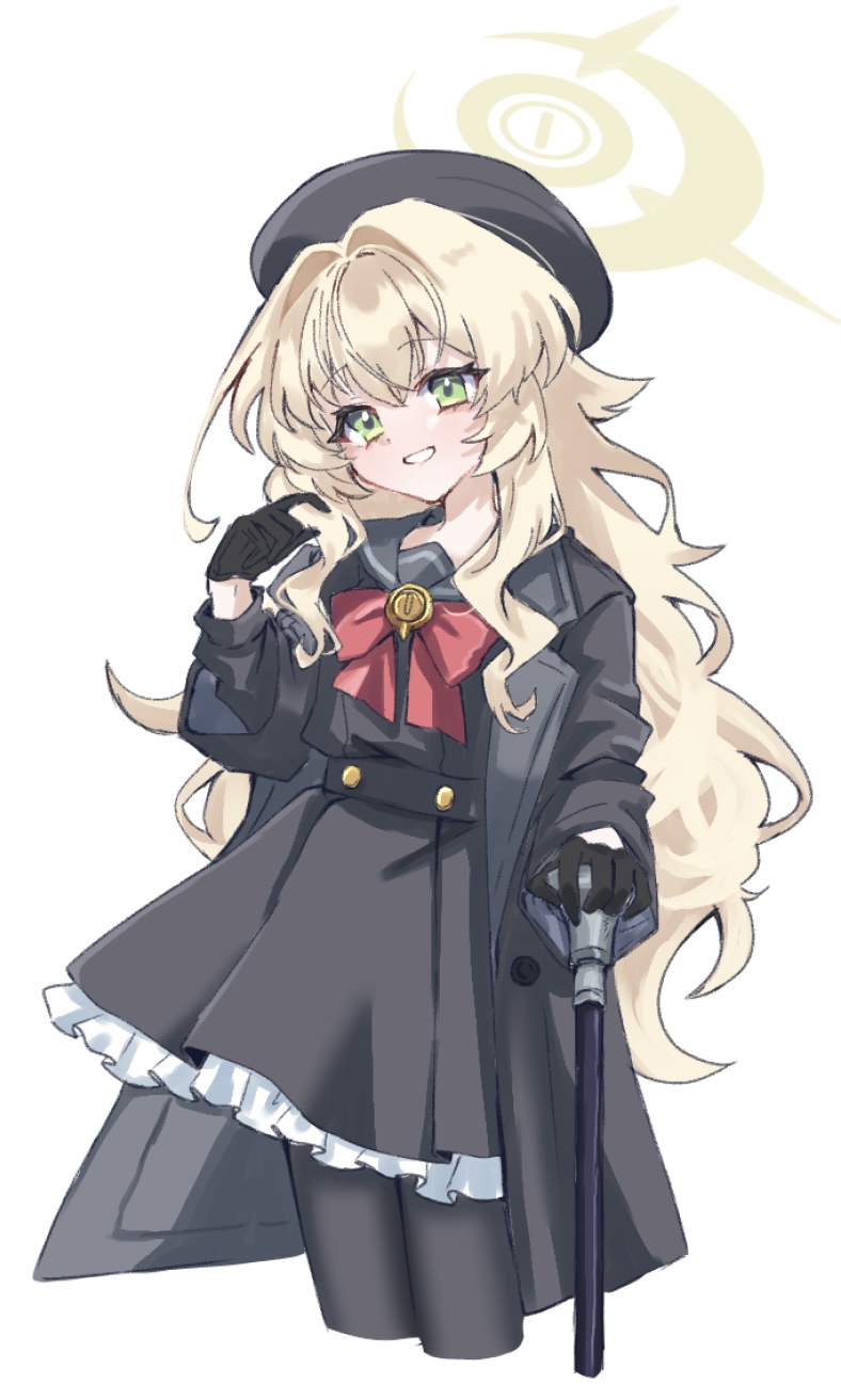 1girl, :d, black_gloves, black_hat, black_jacket, black_pantyhose, black_skirt, blonde_hair, blue_archive, blush, cane, cropped_legs, gloves, green_eyes, grin, hair_between_eyes, halo, hat, highres, holding, jacket, long_hair, long_sleeves, looking_at_viewer, mizuhane_(mizuhane_miu), open_mouth, pantyhose, professor_niyaniya_(blue_archive), simple_background, skirt, smile, solo, white_background