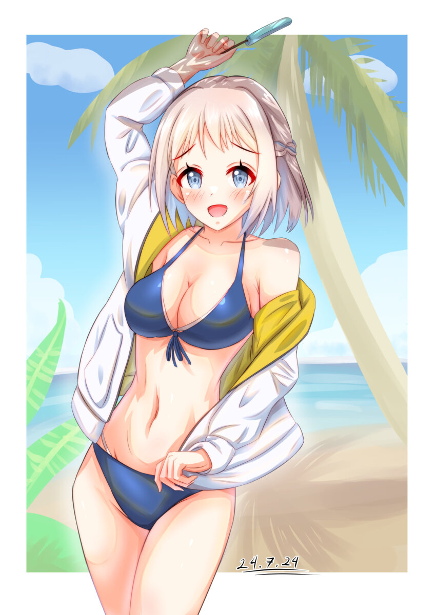 1girl, absurdres, arm_up, beach, bikini, blue_bikini, blush, braid