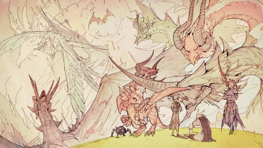 3boys, animal_focus, artist_request, azdaja_(ff14), bahamut_(final_fantasy), chinese_commentary, commentary, curled_horns, dragon, dragoon_(final_fantasy), ehll_tou, estinien_varlineau, feathered_wings, final_fantasy, final_fantasy_xiv, flying, highres, horns, hraesvelgr_(ff14), midgardsormr_(final_fantasy), monster, multiple_boys, nidhogg_(ff14), omega_(final_fantasy), ratatoskr_(ff14), scales, second-party_source, standing, tail, tiamat_(ff14), varshahn, vrtra_(final_fantasy), warrior_of_light_(ff14), wings