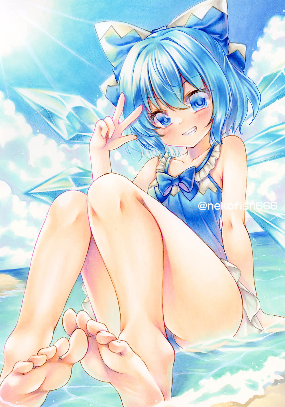1girl, barefoot, blue_eyes, blue_hair, blue_one-piece_swimsuit, blush, cirno, commentary_request, detached_wings, feet, full_body, highres, ice, ice_wings, knees_up, looking_at_viewer, nekofish666, one-piece_swimsuit, short_hair, sitting, smile, solo, swimsuit, touhou, traditional_media, twitter_username, wings