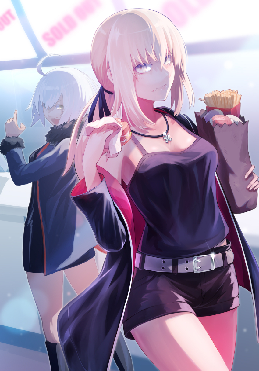 2girls, ahoge, artoria_pendragon_(fate), black_camisole, black_dress, black_footwear, black_jacket, black_ribbon