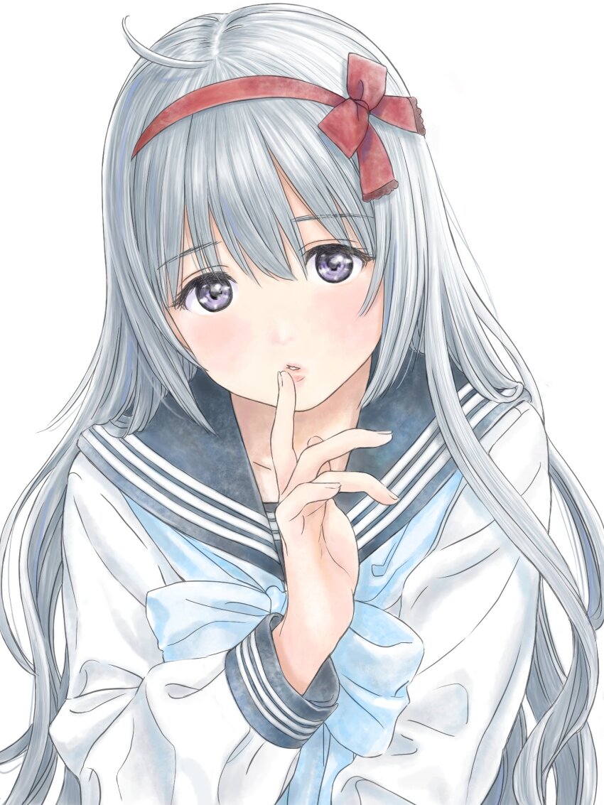 1girl, ahoge, blue_hair, finger_to_mouth, grey_hair, hairband, highres, kanaru_hanon, lips, long_hair, long_sleeves, palette_project, purple_eyes, red_hairband, sailor_collar, school_uniform, solo, traditional_media, upper_body, virtual_youtuber, white_background, yug_(ekaki)
