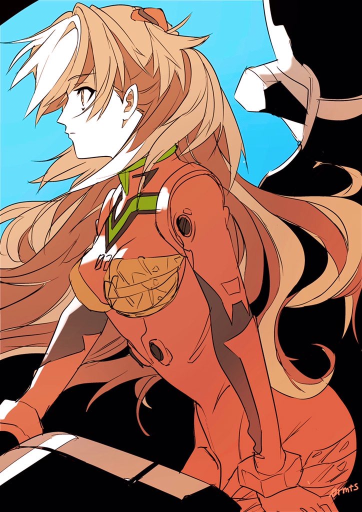 1girl, arms_at_sides, blue_background, bodysuit, breasts, brown_eyes, closed_mouth, from_side